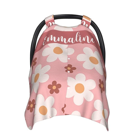 Personalized Pink Floral Baby Car Seat Canopy with Name – Custom Nursing Cover, Stroller Seat Cover, Breastfeeding Privacy Blanket, Soft Breathable Infant Cover for Newborn Girl Gift