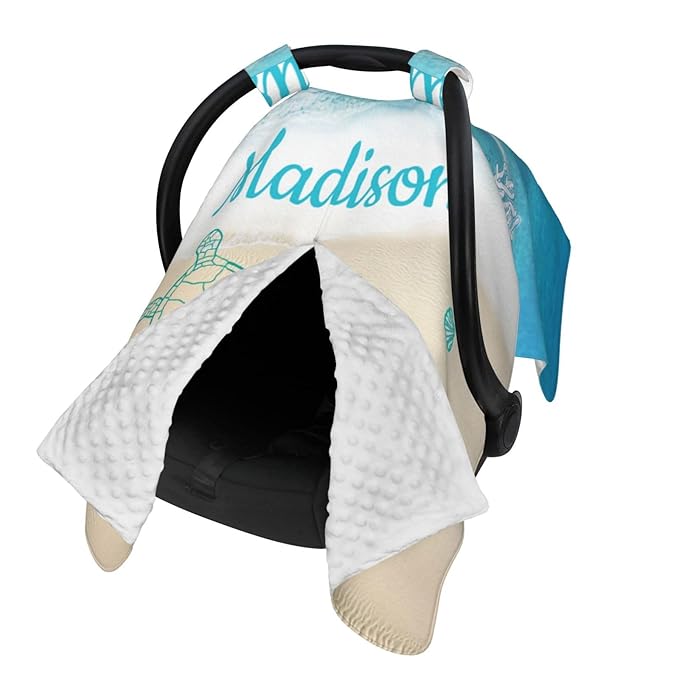 Custom Baby Car Seat Canopy with Name, Personalized Stroller Baby Car Seat Covers for Boys Girls, Minky Nursing Carseat Cover for Breastfeeding, Car Seat Canopies for Infant Newborn(Sea Turtle)