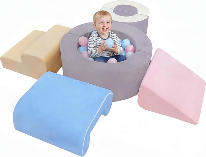 Toddler Climbing Toys Indoor, 7‑Piece Soft Foam Play Set for Toddlers 1‑3, Foam Climbing Blocks with Slide, Stairs & Ball Pit, Crawl and Climb Activity Gym, Lightweight & Washable Kids Gift