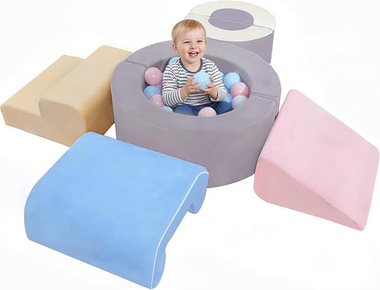 Toddler Climbing Toys Indoor, 7‑Piece Soft Foam Play Set for Toddlers 1‑3, Foam Climbing Blocks with Slide, Stairs & Ball Pit, Crawl and Climb Activity Gym, Lightweight & Washable Kids Gift