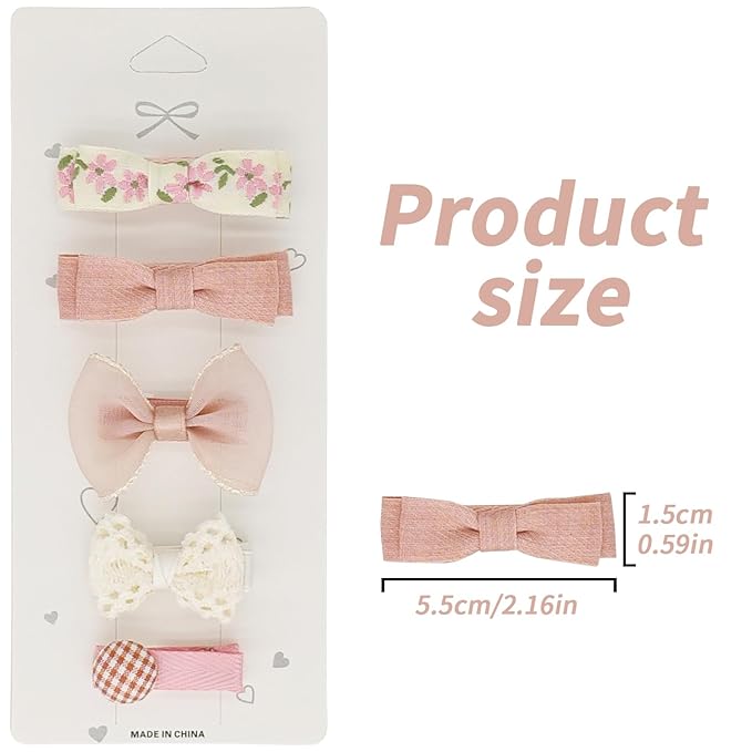 Baby Hair Clips Set – Soft Pink & White Bow Hair Clips for Toddlers, All Fabric Wrapped No-Slip Duckbill Clips (5-Pack Gentle Girl Hair Accessories)