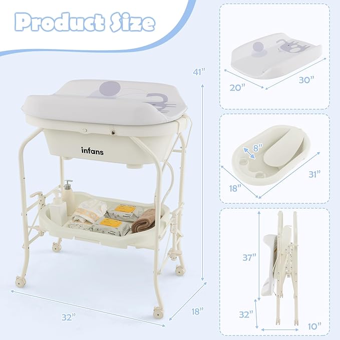INFANS 2 in 1 Baby Changing Table with Bath Tub Unit, Folding Diaper Dresser Station with Wheels Waterproof Pad Storage Rack, Portable Nursery Organizer Stand for Newborn Infant (White)