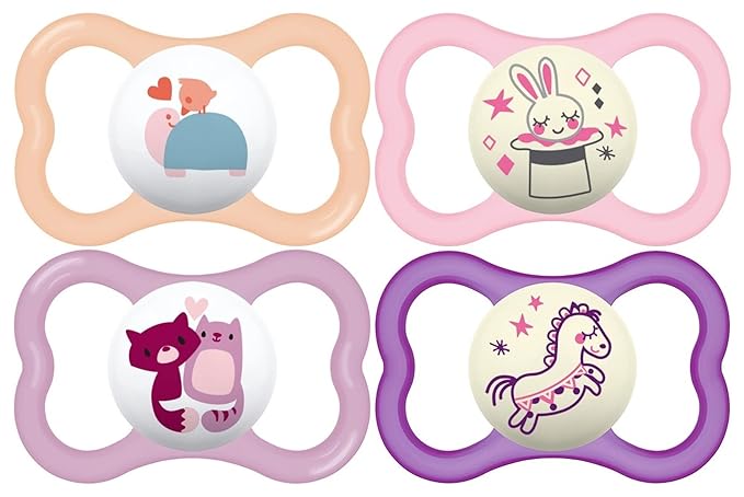 MAM Air Day & Night Baby Pacifier, for Sensitive Skin, Glows in The Dark, 16+ Months, Girl, 4 Count & Air Matte Pacifiers, for Sensitive Skin, Best Pacifier for Breastfed Babies, Girl Pacifiers