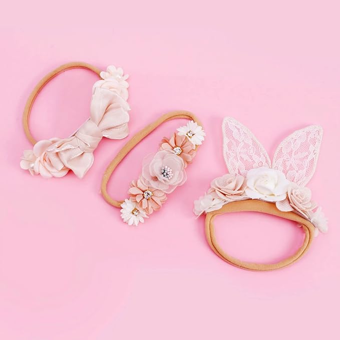 cherrboll 3pcs Baby Girl Flower Headbands, Super Soft & Stretchy Nylon Floral Bunny Ear Hairbands Easter Gift for Newborn Toddler