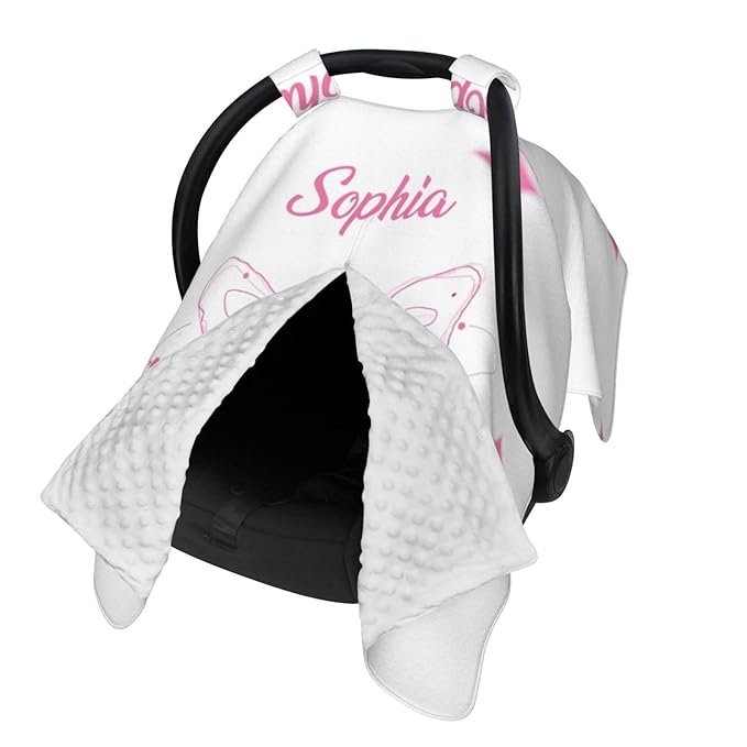 Personalized Baby Car Seat Canopy with Name, Custom Stroller Baby Car Seat Covers for Girls, Minky Nursing Carseat Cover for Breastfeeding, Car Seat Canopies for Infant Newborn(Butterfly Pink)