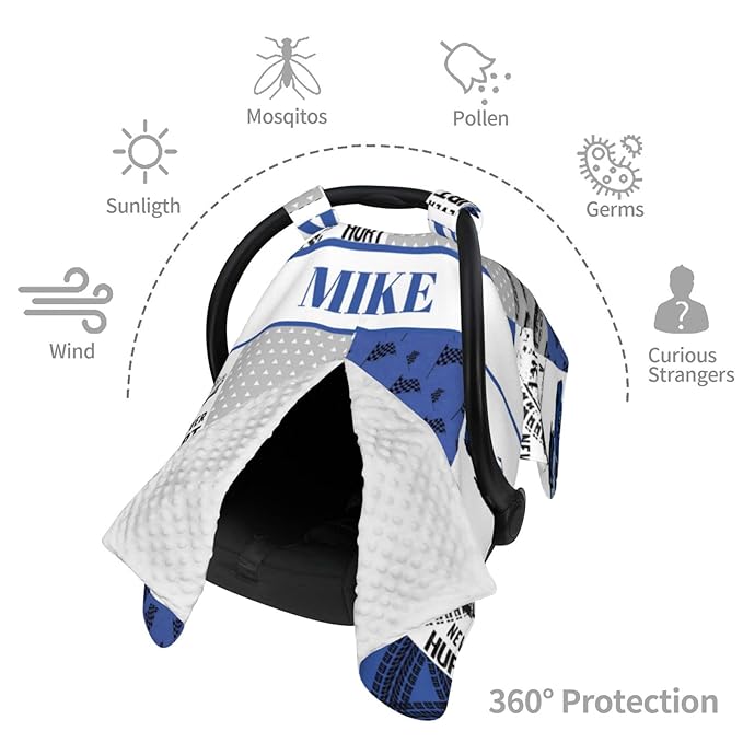 Personalized Baby Car Seat Canopy for Babies, Custom Name Car Seat Covers for Boys, Opening Minky Nursing Breastfeeding Cover for Infant, Carseat Canopies for Newborn (Racing Car)