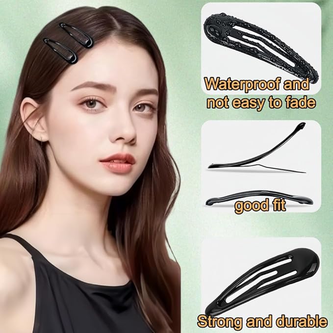 55 PCS Black Snap Hair Clips Barrettes Water Drop Non Slip Heavy Coated Metal Hair Accessories for Kids Teens Girls Women (2 Inch)