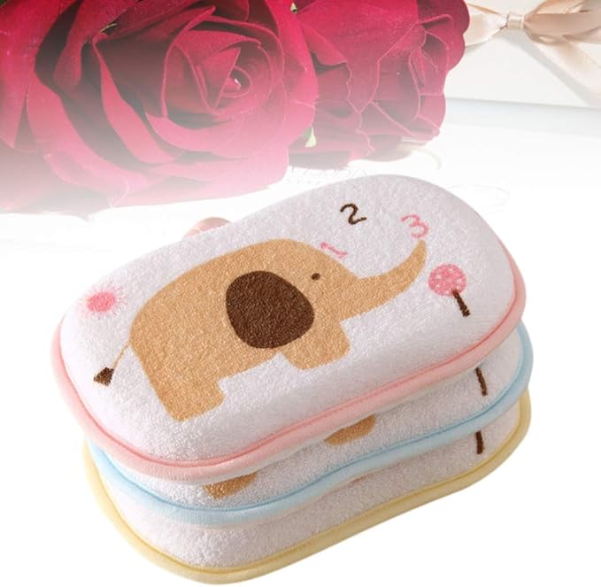 Lurrose 3PCS Baby Bath Sponge Cartoon Elephant Soft Cotton Scrubber Bath Brush Rubbing Towel for Toddler Infant (Mixed Color)