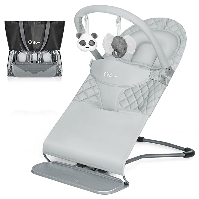 Orzbow Portable Baby Bouncer, Foldable Baby Bouncer Seat with Storage Bag and Removable Play Bar, 3 Recline Positions, 0-12 Months Up to 20lbs, Ergonomic Design, Easy to Wash, Grey