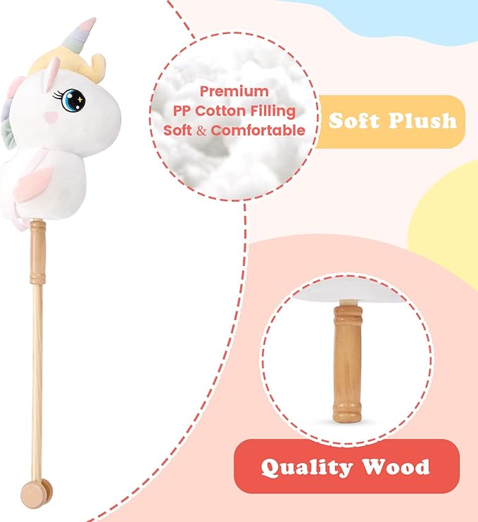 FUNLIO Unicorn Stick Horse for Kids 3+, Rainbow Fairy Hobby Horse with Soft Plush & Wood Wheels, Neighing and Galloping Sound for Pretend Play & Creativity, Horse Toys Gift, CPC & CE Certified - White