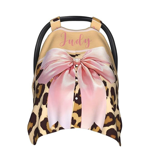 Personalized Baby Car Seat Canopy with Name, Leopard Infant Car Seat Cover, Nursing & Breastfeeding Stroller Cover, Newborn Shower Gift for Baby Girls