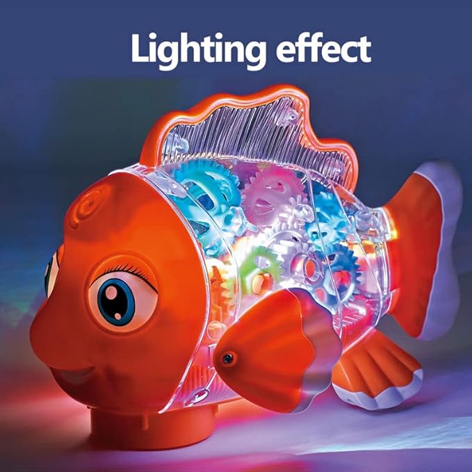 Nenekal Transparent Electric Gear Gold Fish Toddler Toy with Music & Lights. Bump and Go Technology. Perfect for Babies Tummy Time, Educational STEM Gear Toys for Boys Girls 3+