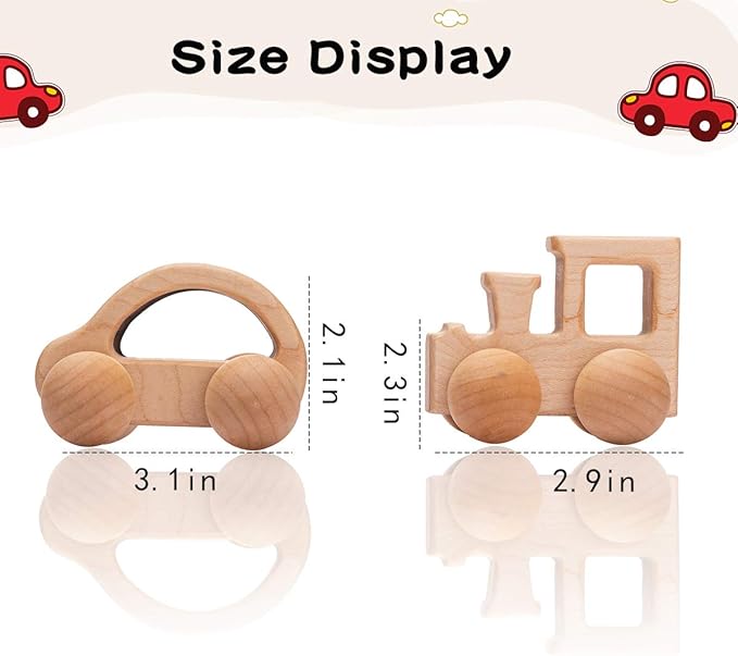 Promise Babe Wooden Rattle Push Car Toys Set - Infant Wooden Rattles, Hand Push Cars, Montessori Natural Wood Toys for Newborn