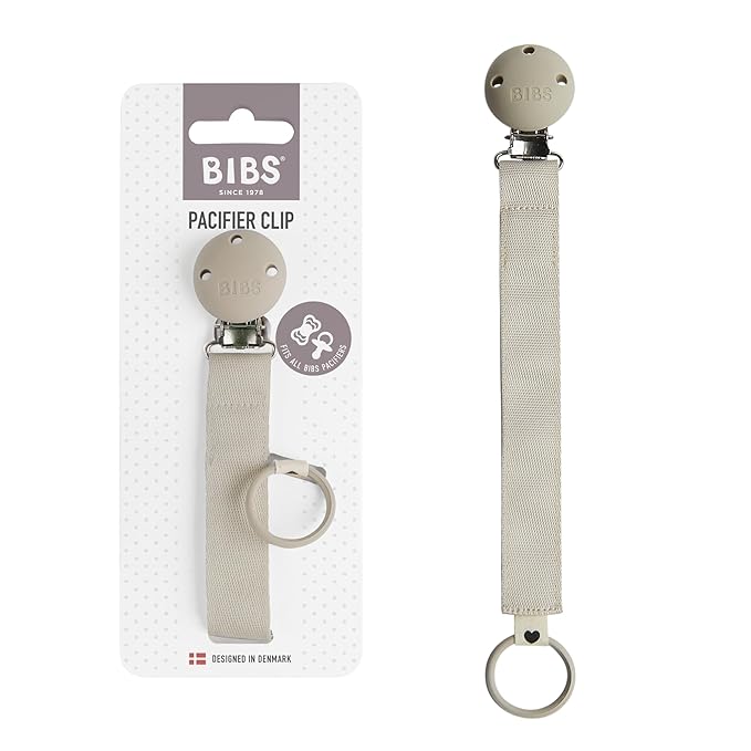 BIBS Pacifier Clip Ribbon - Secure Your Baby's Pacifier with Durable Polyester Webbing and Nickel-Free Metal Clip - Compatible with All BIBS Pacifiers - Sand