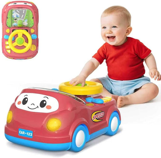 Toys for 1 Year Old Boy Gifts - 2-in-1 Toddler Push Car & Musical Racing Adventure Steering Wheel Driving Game, Interactive Simulated Driving Car for Baby 12-18 Months,Birthday Gift Ages 1-2,Light Red
