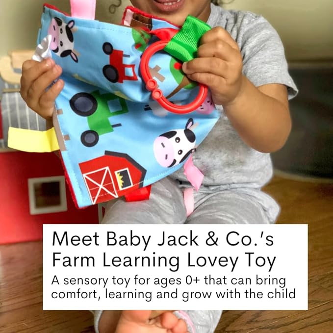 Baby Sensory Farm Animal Crinkle Tag Toy for Developing 5 Senses - Learning Shapes and Colors - Tummy Time - Travel Stroller Keepsake with BPA Free Clip for On The Go 8" x 8"