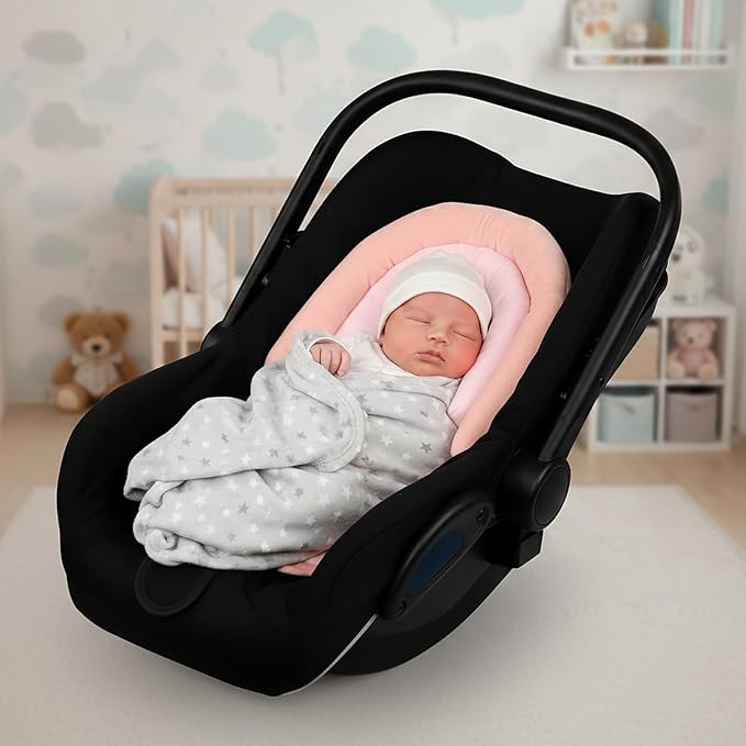 Baby Car Seat Head Body Support & Strap Covers, 2 in 1 Infant Car Seat Insert, Reversible Soft Breathable Newborn Cushion Pads for Preemie, Perfect for Baby Carseats, Strollers, Swings (Light Pink)
