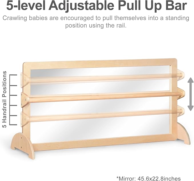 3-Position Montessori Shatterproof Safety Baby Mirror w/Pull Up Handrail, Infant Coordination Mirror Set, Kid's Classroom Furniture for Nursery, Daycare, Homeschool or Preschool (Natural Pura)