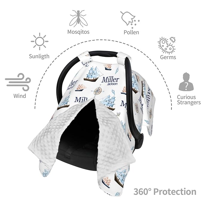 Personalized Baby Car Seat Canopy for Babies, Custom Name Baby Car Seats Covers for Boys, Opening Minky Nursing Breastfeeding Cover for Infant, Carseat Canopies for Newborn (Nautical Ship)