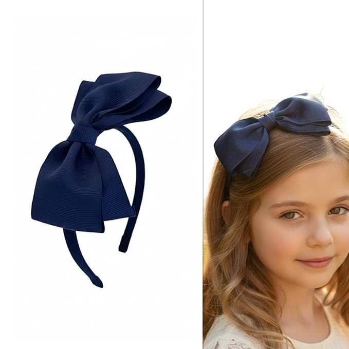 ClassExceed Navy Bow Headband for Girls 3–12 – School Uniform Hair Bow, Solid Color Ribbon Kids Headband for Everyday Wear