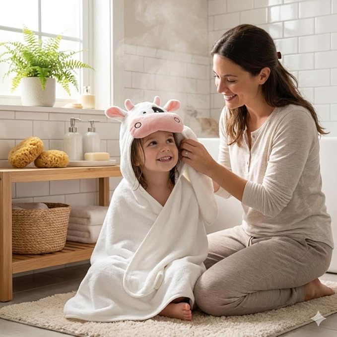 POCASOPA Hooded Towel with Cute Cow Vaquita Design - Rayon Made from Bamboo - Premium Baby Gift - Ultra Soft, Absorbent & Hypoallergenic - Large 35x35” Organic Towel for Newborns, Toddlers & Kids
