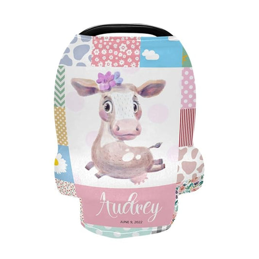 Personalized Baby Car Seat Cover for Babies, Custom Name Baby Car Seats Canopy for Girls, Nursing Breastfeeding Stroller Covers for Infant Newborn, Shower Gift for Baby (Floral Cow Pink)