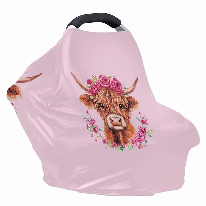 Wanyint Baby Car Seat Cover Stretchy Carseat Canopy Baby Breastfeeding Stroller High Chair Shopping Cart Cover Infant Nursing Scarf for Valentine's Day, Highland Cow Rose Floral