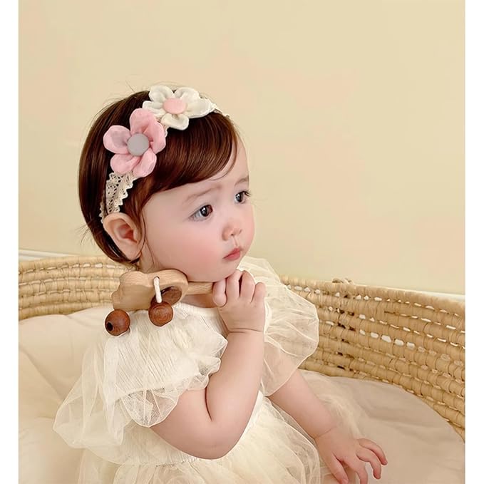 Baby Girls Hairbands Lace Flowers Headband Handmade Soft Stretchy Colorful Flower Hairband Newborn Headbands with Pearls Elastic Hairbands for Infant Head Band (Pink and White Flowers)