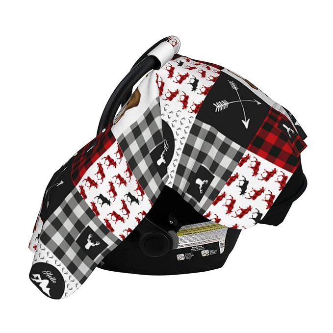 Personalized Moose Deer and Mountain Baby Car Seat Canopy for Babies with Name, Custom Car Seat Covers Boys Girls, Peekaboo Opening Minky Nursing Breastfeeding Cover Infant Canopies for Newborn