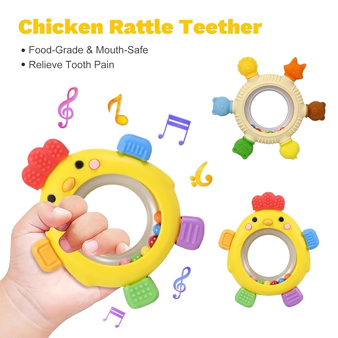 2 Pack Sensory Toys for Babies,Baby Teething Rings Toys for 0-6 6-12 Months Baby Rattle Teether Silicone Teether Relief Chew Soothing,BPA Free,Sore Gums Babys Teethers Toys