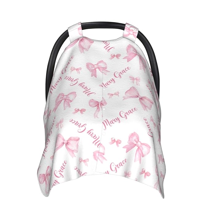 Custom Baby Car Seat Cover with Name – Personalized Pink Bows Nursing Cover, Infant Carseat Canopy, Shopping Cart Cover – Soft, Breathable & Warm – Ideal Shower Gift for Baby Girls