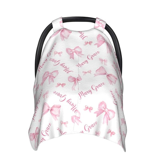 Custom Baby Car Seat Cover with Name – Personalized Pink Bows Nursing Cover, Infant Carseat Canopy, Shopping Cart Cover – Soft, Breathable & Warm – Ideal Shower Gift for Baby Girls