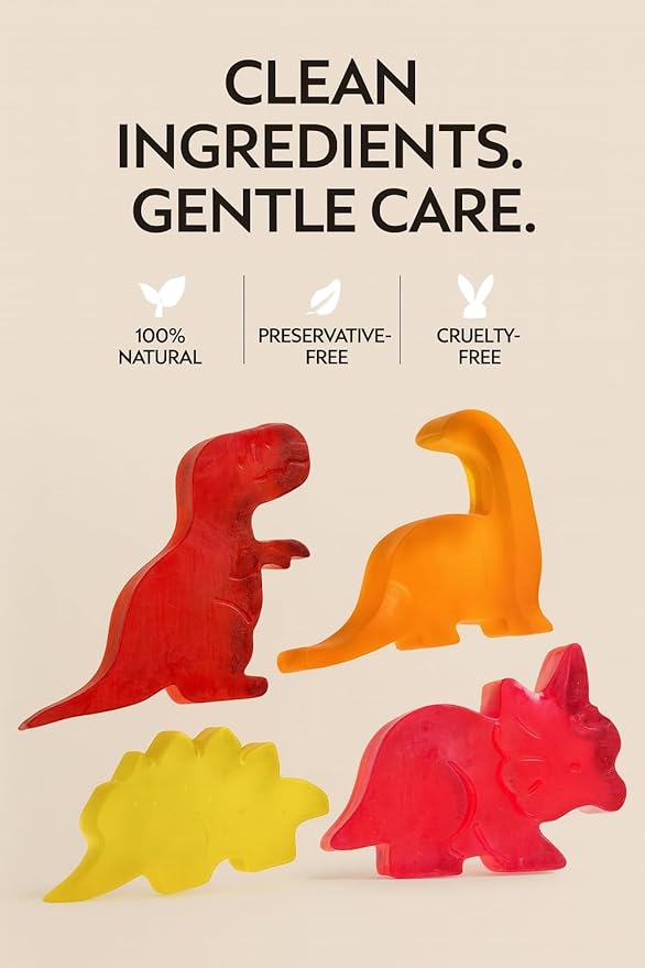 Kids Soap Bars (Set of 4) – Handmade Natural Dinosaur Shaped Soap for Children – Gentle Bath Soap for Sensitive Skin – Fun Gift for Kids with Bonus Dino Tattoos – Handmade in USA