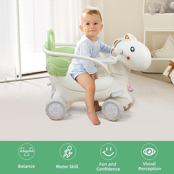 Ancaixin 4 in 1 Rocking Horse Ages 1-3, Baby Rocking Toy Birthday Gift for Toddlers 1-3 Years Old, Balance Bike Ride On Toys with Push Handle, Backrest and Balance Board for Baby Girl and Boy, Green