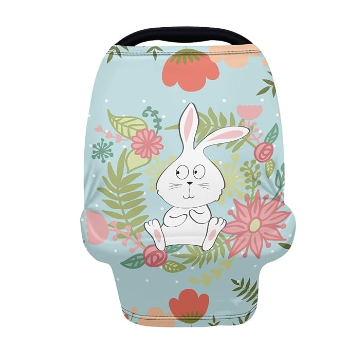 Cute Rabbit Floral Print Car Seat Canopy for Baby Infant,Easter Theme Nursing Cover Multi Breastfeeding Scarf,Shopping Cart/High Chair/Stroller Covers