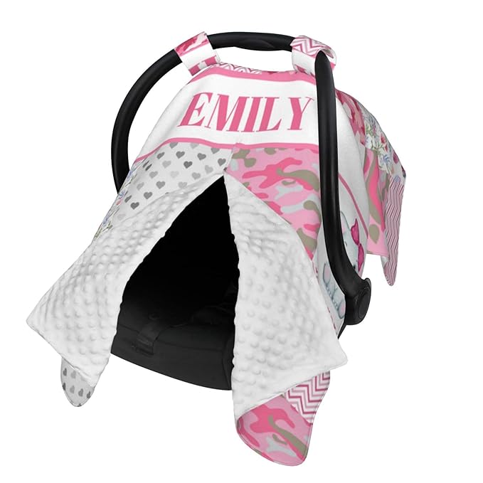 Personalized Baby Car Seat Canopy for Babies with Name, Custom Floral Elephant Pink Car Seat Covers for Girls, Opening Minky Nursing Breastfeeding Stroller Cover Carseat Canopies for Infant Newborn