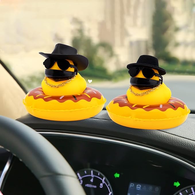 wonuu Car Duck Rubber Duck Car Ornaments Duck Car Dashboard Decorations with Cute Headband Swim Ring Necklace Sunglasses, A-Cowboy Hat Black