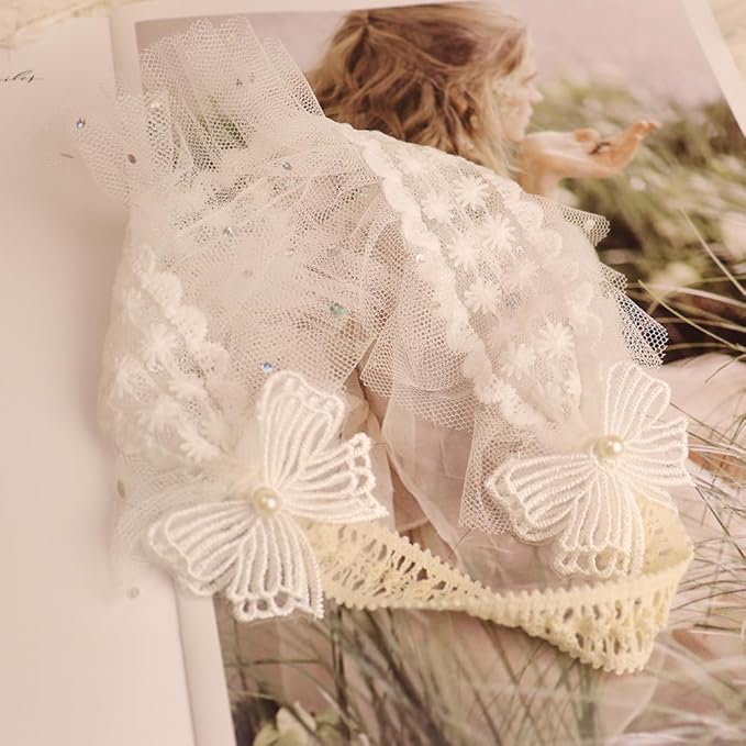 Baby Girls Headband Lacy Bow Pearl Wide Hair Band Turban for Infants Newborn Toddler Floral Ivory Elastic Head Wrap Breathable Sun Bonnet Hair Accessories (White C)