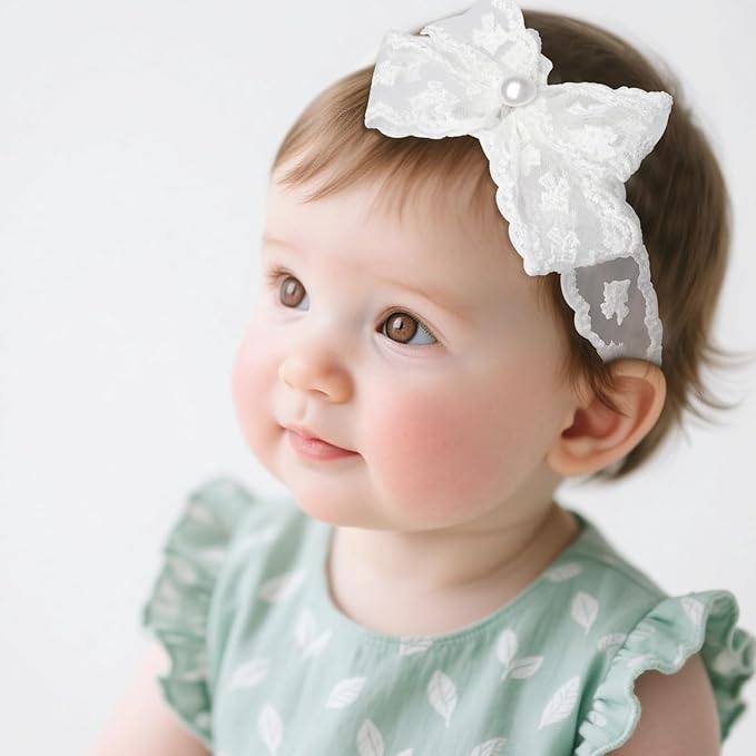 Baby Girls Hairbands bows Headband Stretchy Soft Flower Hairband Toddler Handmade Headbands with Pearls Elastic Headband for Infant Toddler Girl Hair Accessories (Pearl Lace Bow, Elastic)