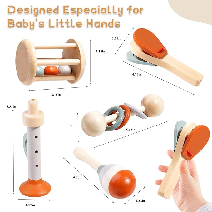 Wooden Baby Rattle, Organic Colorful Baby Rattles Set, Toddler Hand Wooden Rattles Toy Set for Infant Grasping, Sensory Development, Gift for Baby Boys Girls