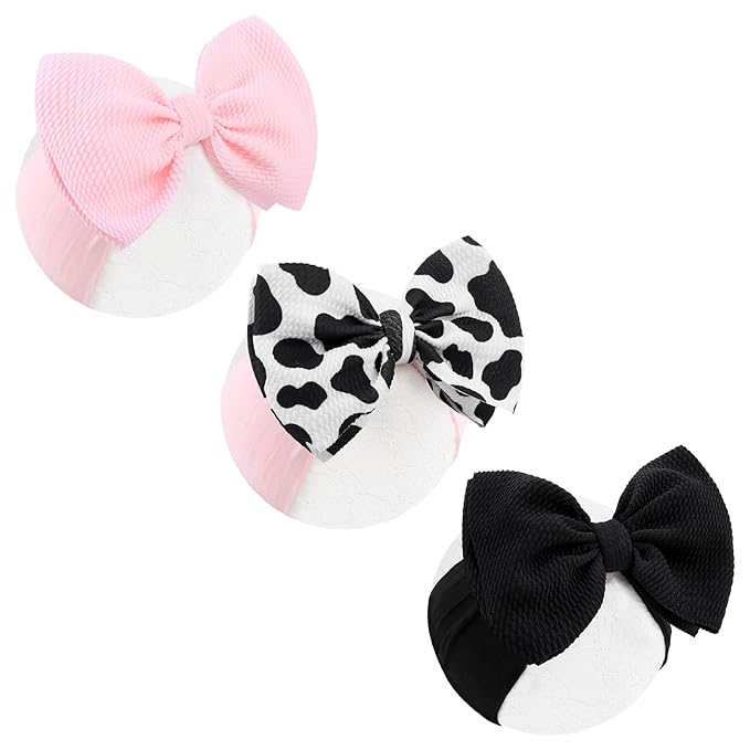 Moo Cow Print 6’’ Hair Bows for Girls Cowgirl Accessories Newborn Infant Toddler Baby Girl Headbands Black & Pink Bow Baby Wrap