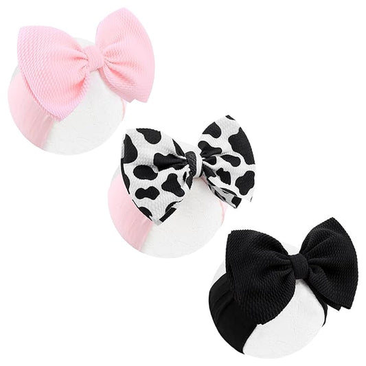Moo Cow Print 6’’ Hair Bows for Girls Cowgirl Accessories Newborn Infant Toddler Baby Girl Headbands Black & Pink Bow Baby Wrap