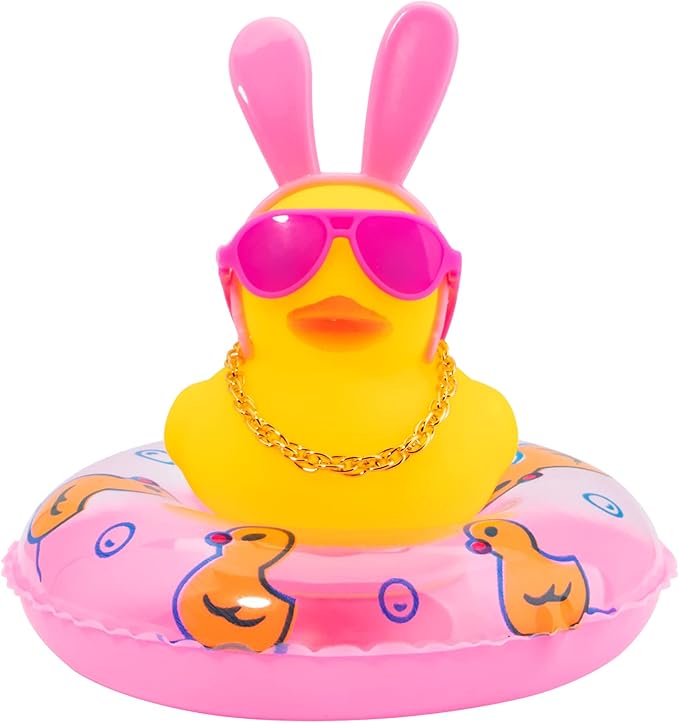wonuu Car Duck Rubber Duck Car Ornaments Duck Car Dashboard Decorations with Cute Headband Swim Ring Necklace Sunglasses, B-Pink Long Rabbit Ear Headband
