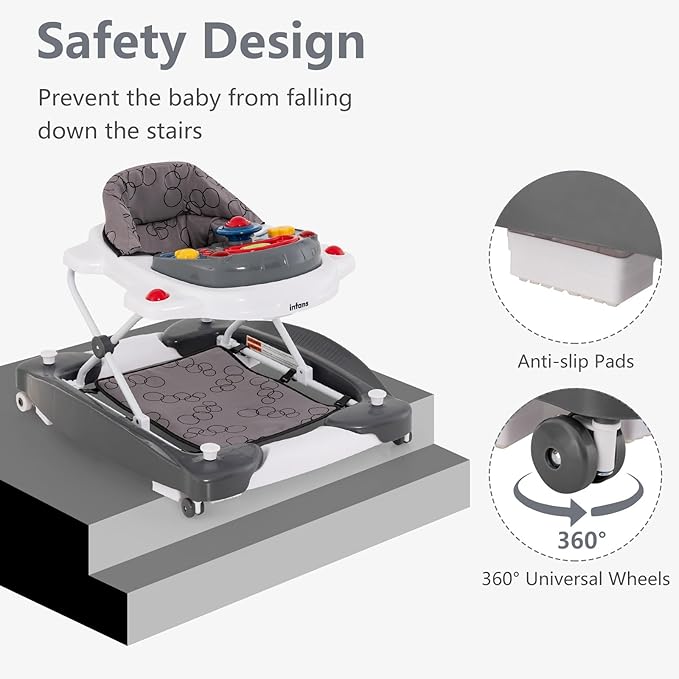 INFANS Baby Walker, 5 in 1 Behind Walker Learning Seated Rocker Bouncer with Removable Music Tray, Adjustable Height, Washable Seat Cushion, Foldable Activity Center for Toddlers (Grey)