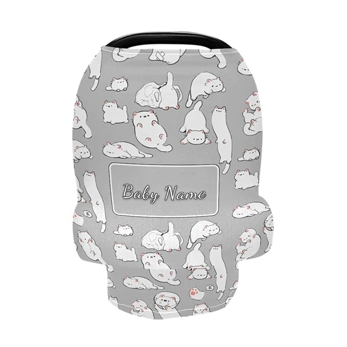 Personalized Baby Car Seat Cover for Babies, Custom Name Baby Car Seats Canopy for Boys Girls, Cute Cat Nursing Breastfeeding Stroller Covers for Infant Newborn, Shower Gift for Baby