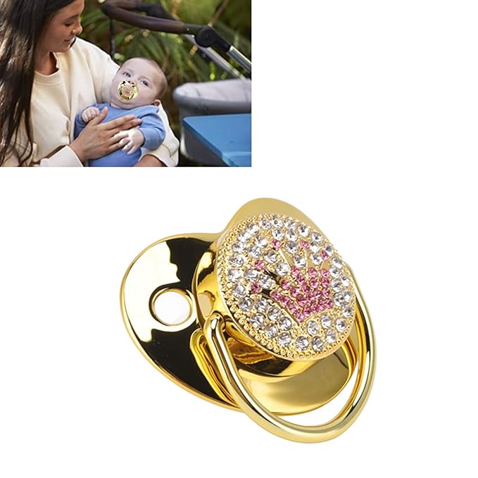 Baby Pacifier Symmetrical One Piece Design Nipple Shape Helps Promote Oral Development Ultra Light Soft Bling Silicone Newborn Pacifier for 6 to 18 Months Infant (Gold)