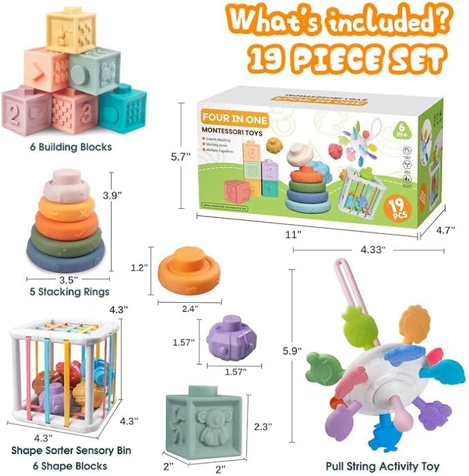 Plunack 4-in-1 Baby Toys Montessori Soft Stacking Blocks for Babies, Infants Teething Toys, Sensory Balls and Educational Learning Set for Toddlers (Boys & Girls)
