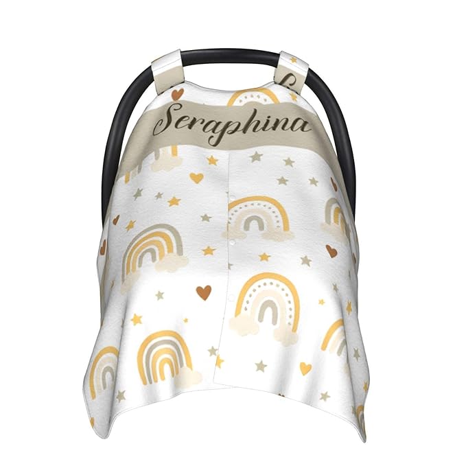 Boho Rainbow Custom Name Baby Car Seat Cover – Personalized Nursing Cover for Breastfeeding, Stroller Canopy, Privacy Infant Carseat Canopy, Soft Breathable Newborn Blanket for Boys Girls