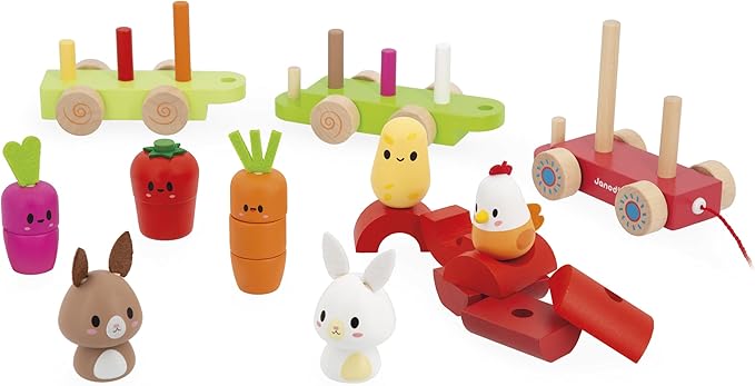 Janod - Wooden Pull-Along Train - Farm Theme - 3 Wagons and 19 Pieces - Early Learning Pull-Along Toy - Wood and Water-Based Paint - Develop Fine Motor Skills - from 12 Months, J03314