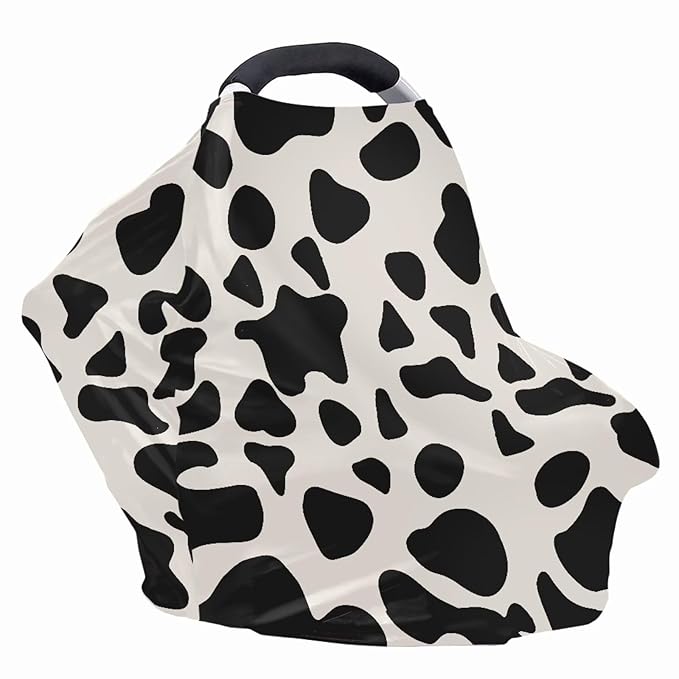 Beige Cow Nursing Cover Carseat Covers Baby Car Seat Cover for Girls Boys, Stretchy Car Seat Canopy Multiuse Nursing Breastfeeding Protectors, All-in-1